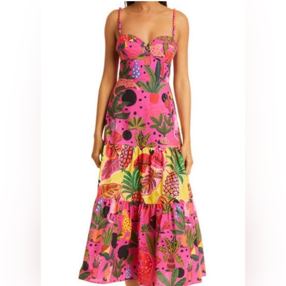 Farm Rio Tropical Print Maxi Dress, Bead Straps, Ruffle Hem, Size S